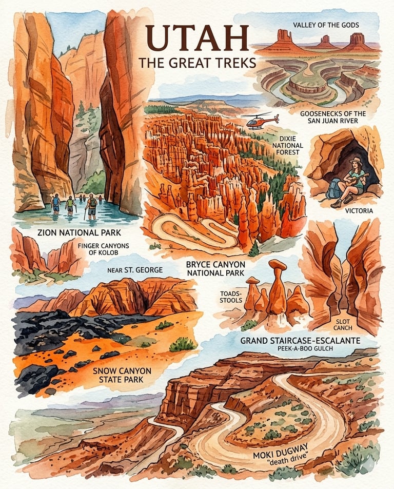 Watercolor rendering of a few iconic hikes and sites we've explored in Utah