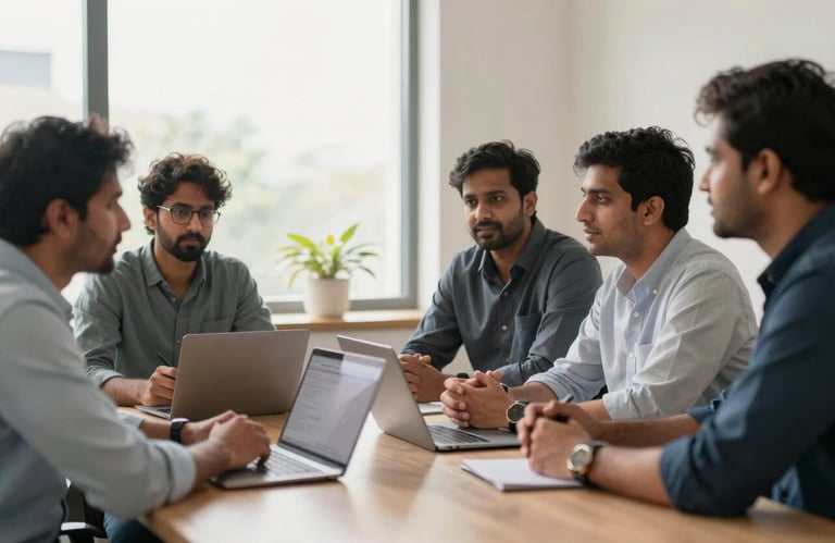 A group of South Asian professional developers in business casual attire having a collaborative discussion in a sunlit meeting room in Ahmedabad.