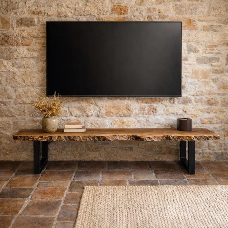 Custom live edge wood bench in a living room — handcrafted by Riverside Workshop Canada