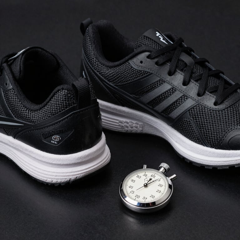 A pair of professional athletic shoes and a stopwatch on a polished black surface, sharp focus, sophisticated Carbon Black and Smoke White color palette, Global / Spanish-speaking.