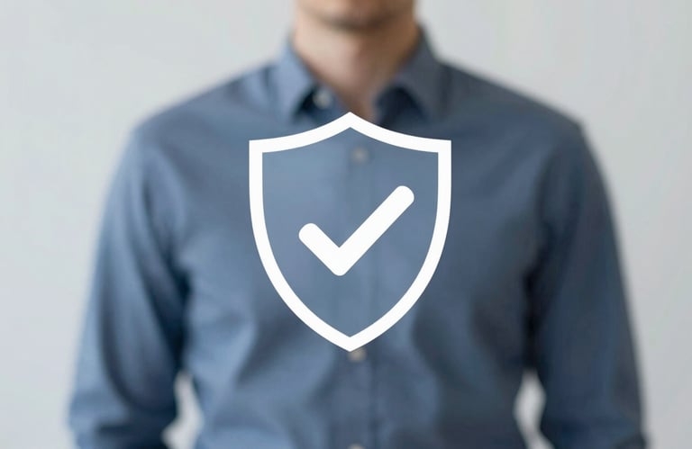 A detailed, linear icon of a security shield with a checkmark, centered in a professional corporate layout. Soft blue and gray palette (#1E3A8A, #F3F4F6).