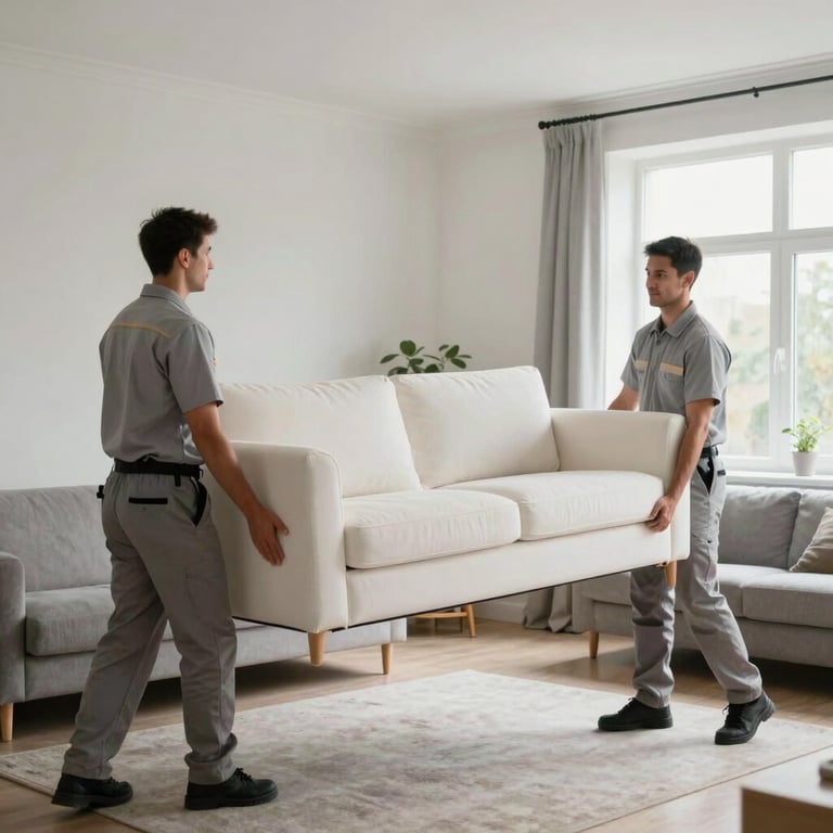 Two professional movers in light grey uniforms carefully carrying a large white sofa into a modern Northern European home. Soft daylight, clean composition.