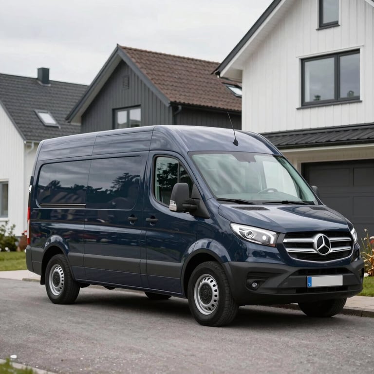 A modern dark navy transport van parked in front of a contemporary Northern European home. The scene is clean, organized, and reflects professional moving standards.