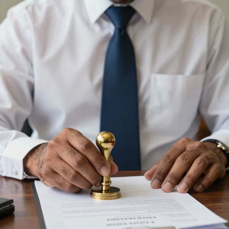 A professional in a clean white shirt and dark blue tie using a traditional brass stamp on an official document, representing South Asian legal authority.