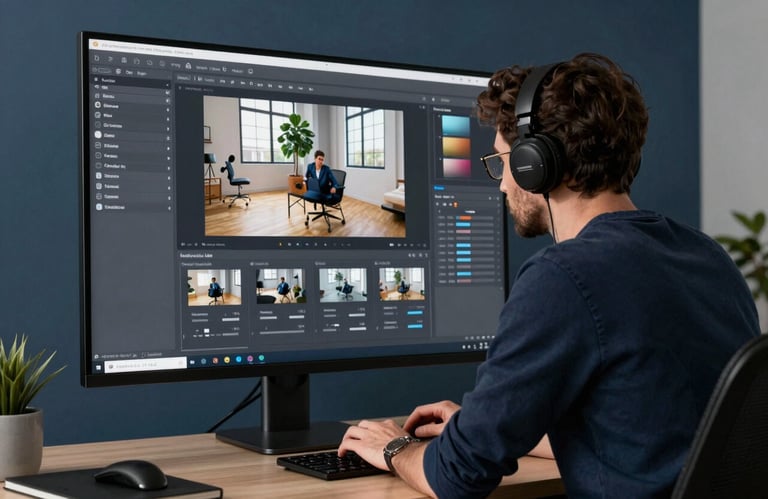 A digital artist working on a high-resolution virtual staging project on a large monitor in a sleek office. Dark Slate Navy and Muted Steel Blue color scheme in a Southern European / Spanish creative studio.