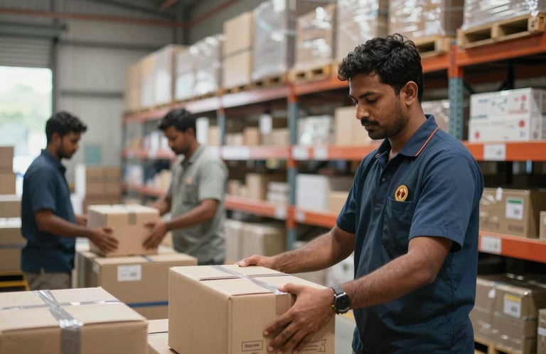 An indoor warehouse shot in Bangladesh, showing staff in professional uniforms organizing crates, emphasizing a clean, efficient, and reliable operation.