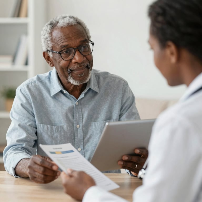 Elderly man consulting with a home care health professional during a healthcare appointment.