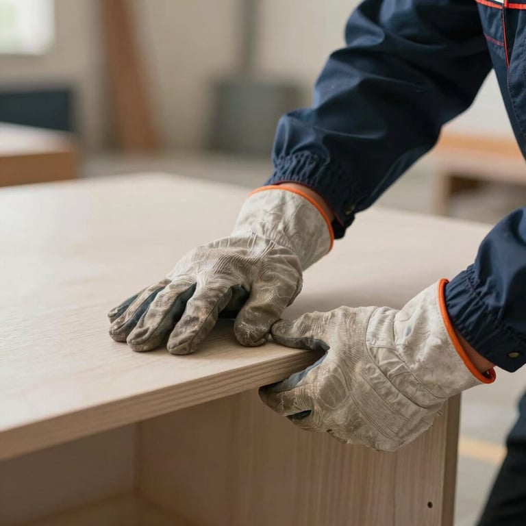 A detailed close-up of a team member's hands in heavy-duty work gloves securely holding a piece of furniture, illustrating safety and care. Professional North American work attire, bright lighting.