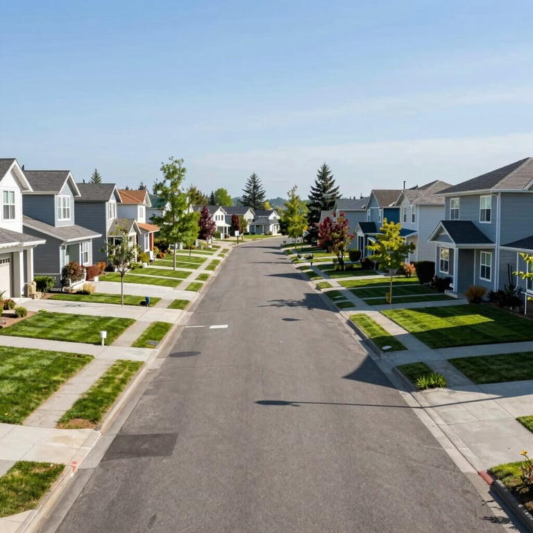 A wide, clean residential street in Spokane Valley, North America, with neat lawns and modern houses. High-quality real estate photography, clean and approachable aesthetic.