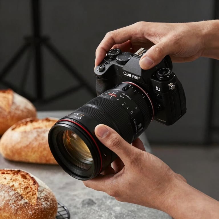 Professional photography of a team member's hands in a North American studio setting, adjusting a high-end camera lens while filming fresh bread.