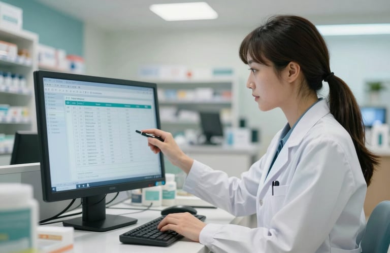 A pharmacy professional in a white coat reviewing digital healthcare records on a screen in a modern, professional US medical center.