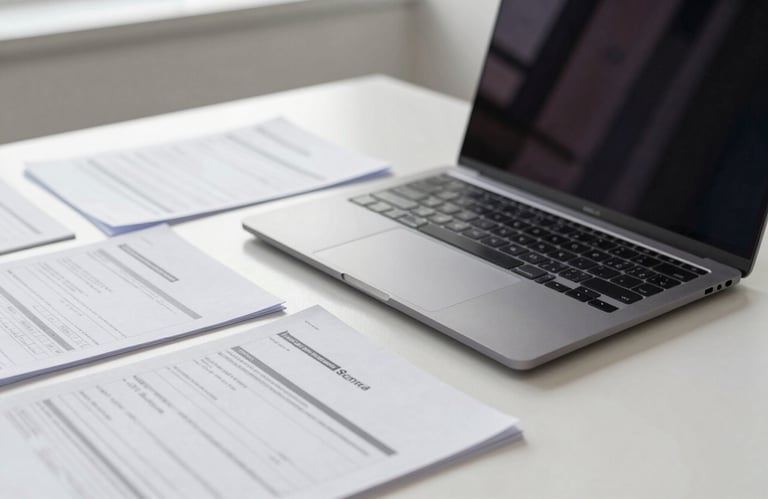 A sleek, professional North American desk featuring a high-end laptop and organized pharmaceutical documentation in a bright, airy corporate environment.