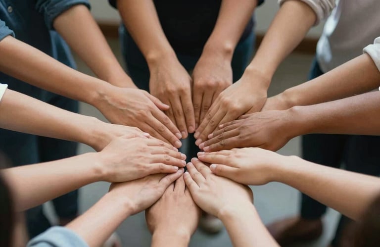 A close-up of several hands from diverse individuals coming together in a circle, symbolizing unity and the collaborative spirit of parents and teachers.
