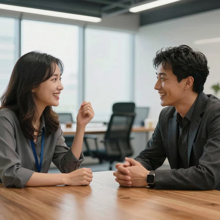 Two people sitting in a modern, brightly lit office in the US, engaged in a hopeful and supportive conversation across a wooden table.