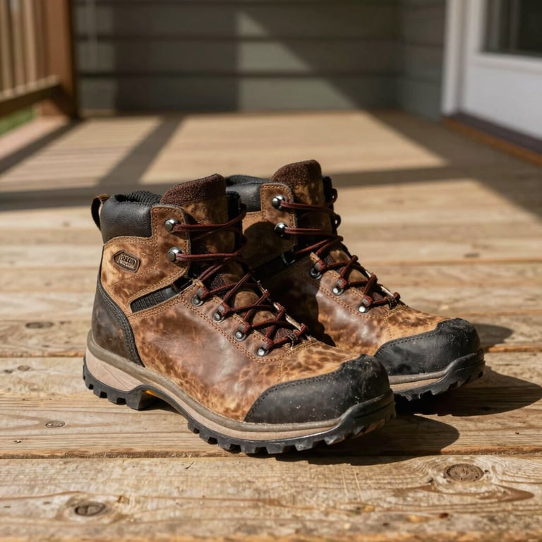 A pair of sturdy walking boots resting on a sun-drenched wooden porch in a North American setting, symbolizing the start of a journey.