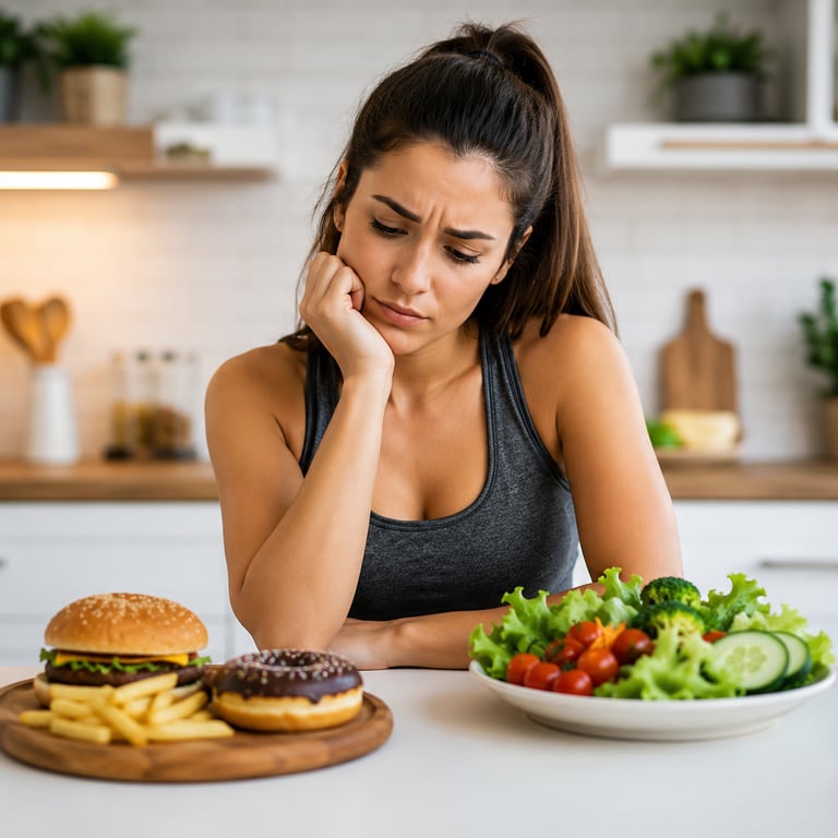 A woman choosing between a healthy green salad and a burger with fries and a donut.