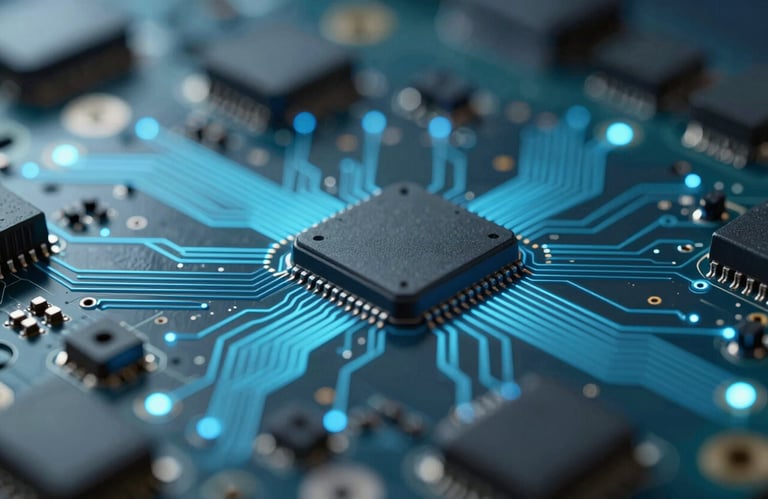 Close-up of a high-tech digital circuit board with blue light accents, representing robust backend technology, #507D8C tones.