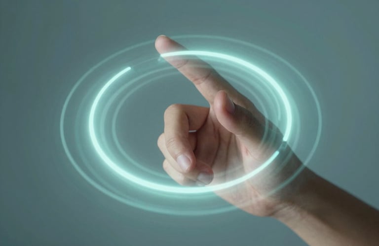 An artistic representation of a user's thumb interacting with a glass interface, concentric ripples of light in #E0F2F7.