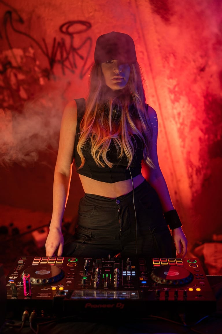 Female DJ in a black cap mixing music on a Pioneer controller in a smoky underground club with red lighting.