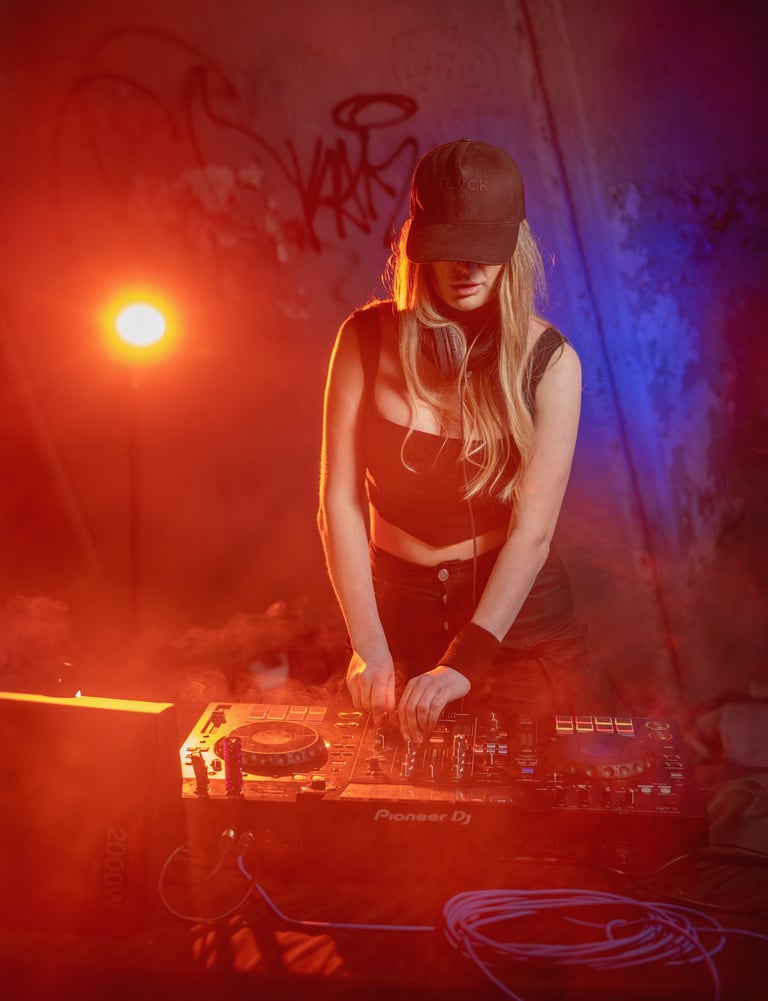 Female DJ in a black cap mixing music on a Pioneer DJ controller with red and blue stage lighting.