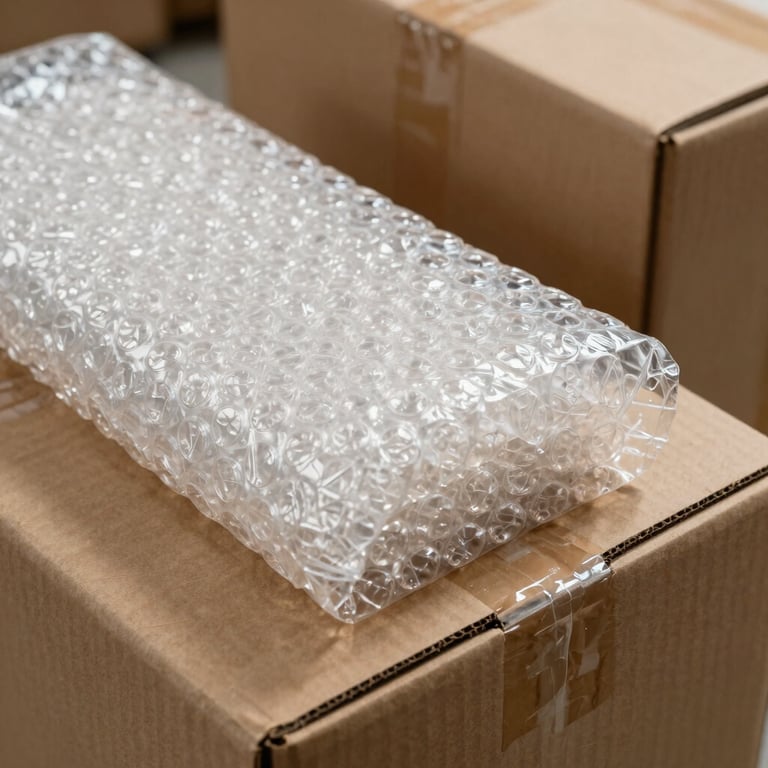 A macro photograph of high-quality bubble wrap and heavy-duty cardboard boxes, emphasizing safety and preparation for a move.