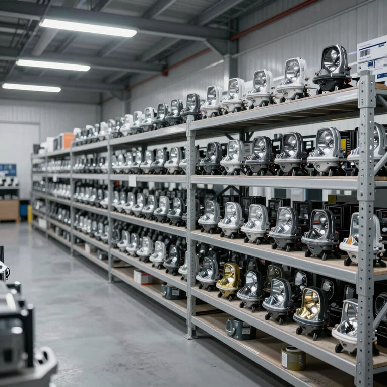 Interior of a clean, modern, and highly organized warehouse in Indonesia showing rows of automotive lighting stock. Minimalist and professional industrial setting.