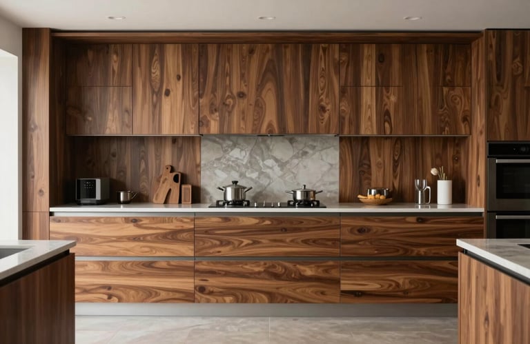 Symmetry photography of a modern kitchen with integrated storage solutions, soft brown wood finishes, Hispanic / Latin American luxury home.