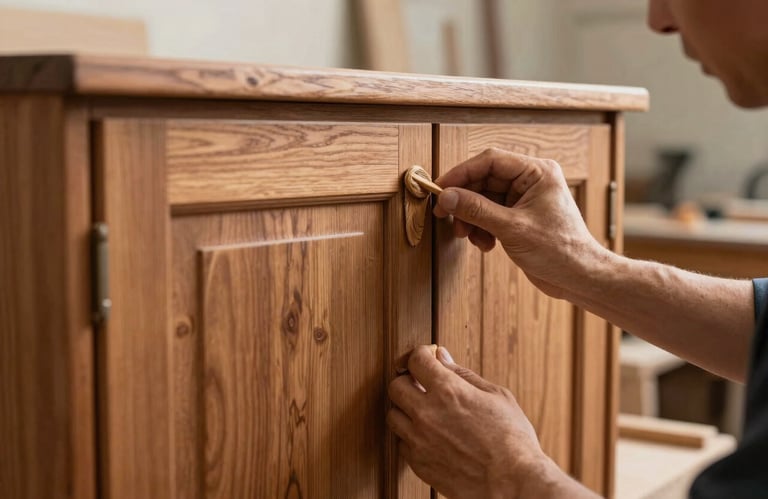 Artisan hands carefully polishing a wooden cabinet door, workshop setting with warm lighting, showcasing the beauty of natural brown wood.