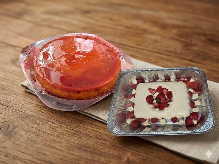 Flan napolitano casero, gelatina de queso con fresas