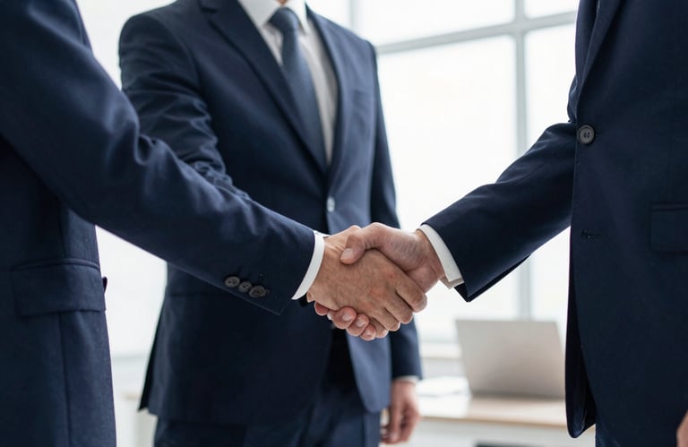 A medium shot of two professionals in dark navy blue suits shaking hands in a bright, modern office. The lighting is crisp and natural, emphasizing trust and professionalism.