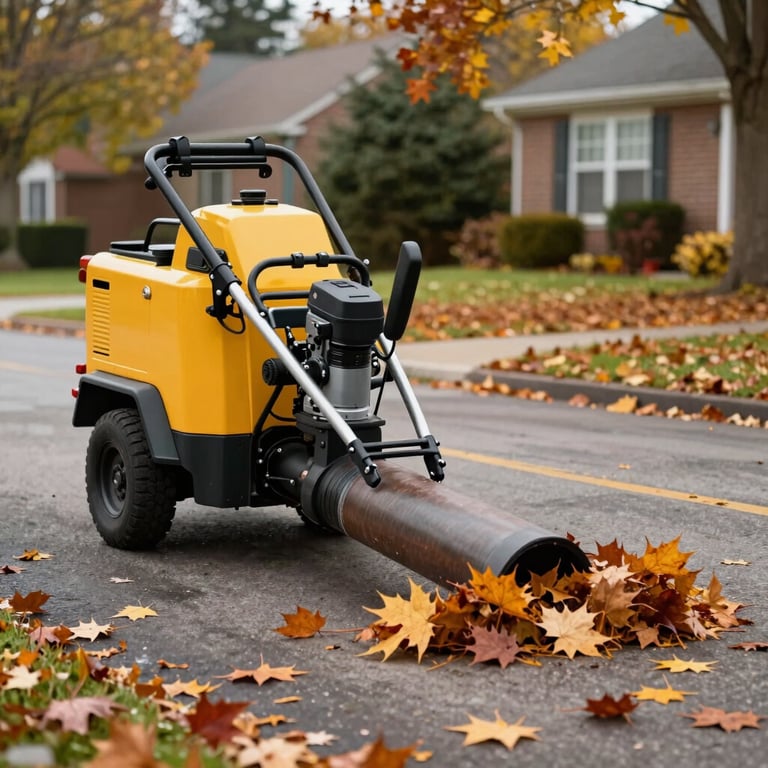 An action shot of a professional leaf blower clearing autumn leaves from a North American driveway, high-efficiency cleanup service, clean and crisp autumn lighting.