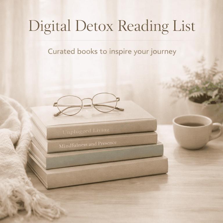 Digital detox reading list books stacked with glasses and coffee for mindfulness.