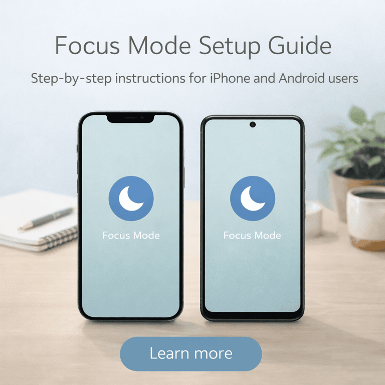 Step-by-step Focus Mode setup guide for iPhone and Android users shown on two mobile smartphones.