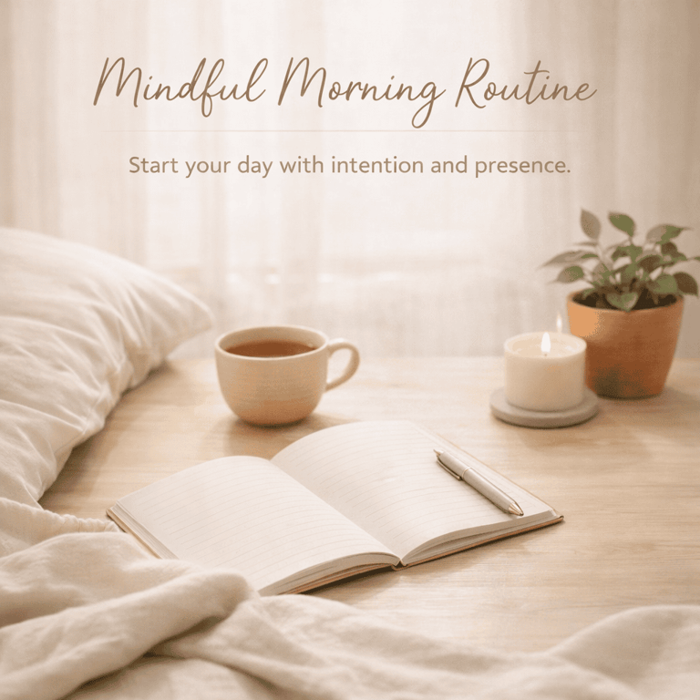 A mindful morning routine scene with an open journal, tea, and candle on a cozy bed.