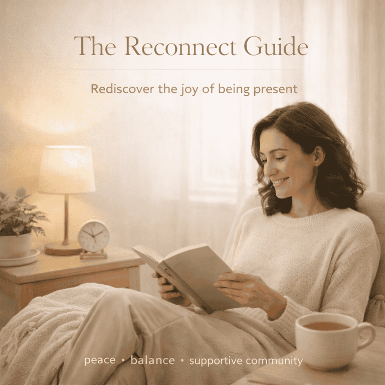 A smiling woman reading a book for mindfulness and peace, part of The Reconnect Guide.