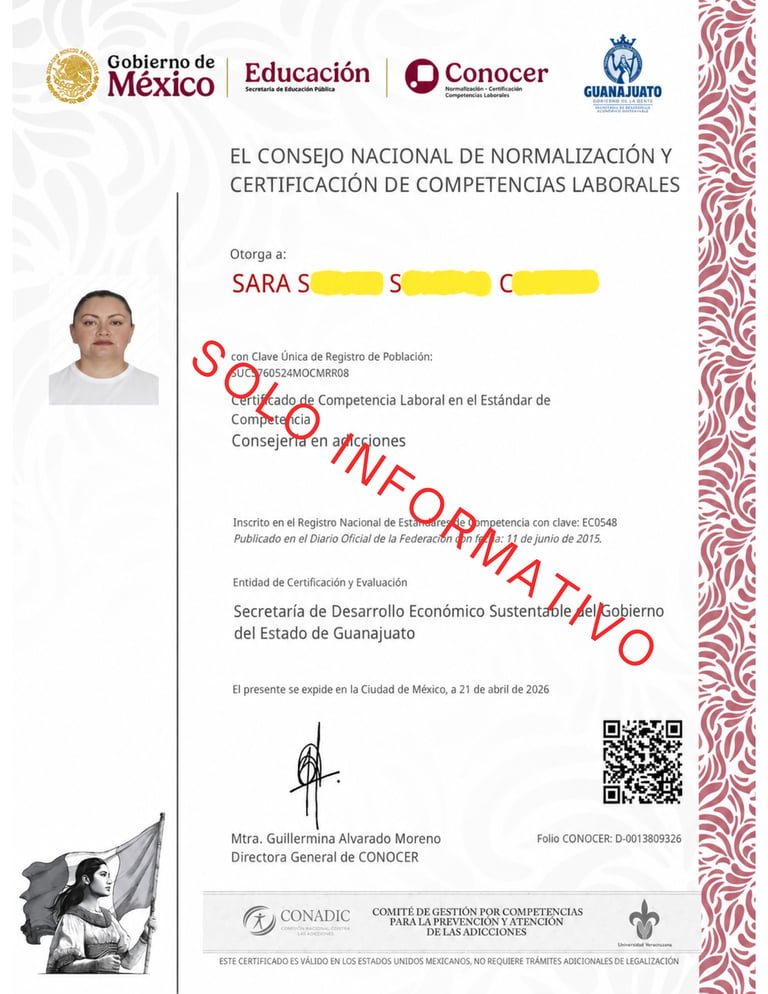 Official Mexican CONOCER certificate of labor competence for Sara in addiction counseling.