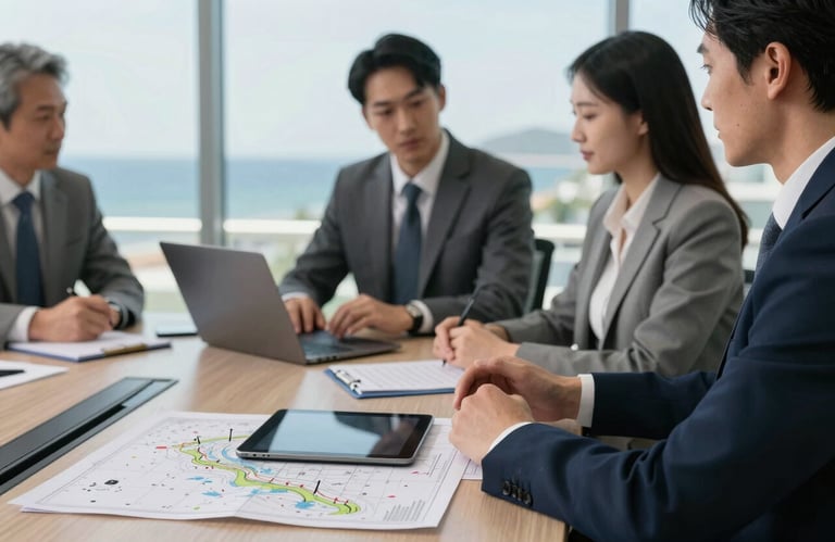 A professional business meeting in a bright North American coastal office, focusing on a desk with marine charts and a tablet, sophisticated and trustworthy atmosphere.