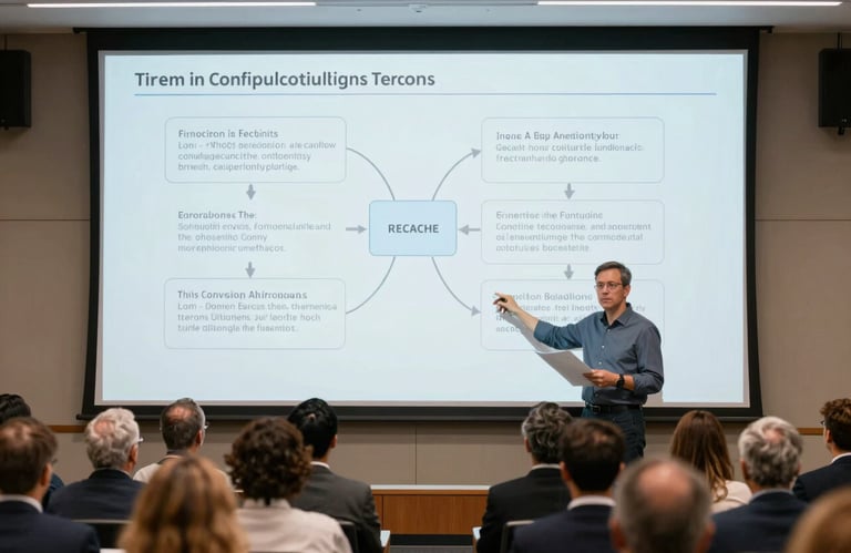 A professional educator presenting a complex diagram on a large digital screen to a focused audience in a premium lecture hall. North American / International.