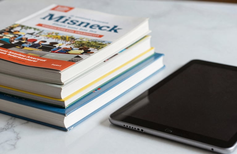 A close-up of premium educational textbooks stacked neatly next to a sleek digital tablet on a white marble surface. North American / International.