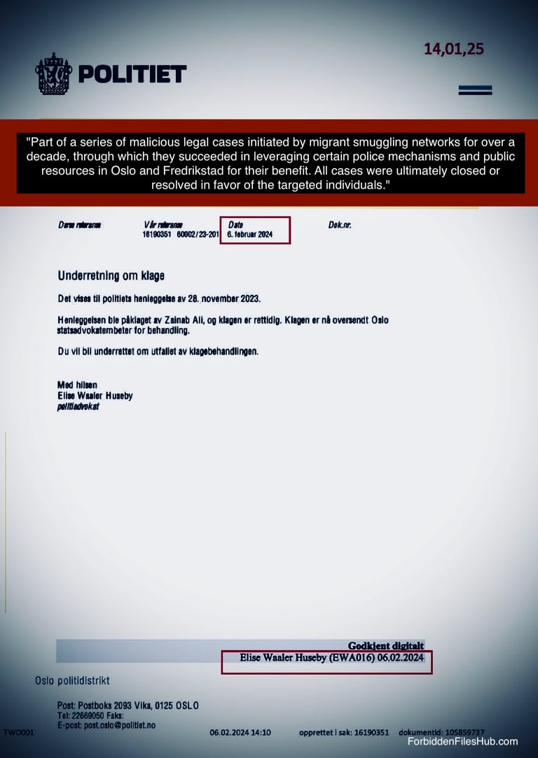 Dokument fra politiadvokat Elise Waaler Huseby i Oslo relatert til Zainab Abdulkarim Ali