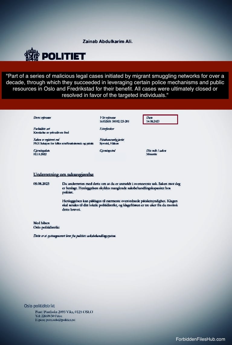 Document from lawyer Maren Brit Østern, Oslo Police – malicious case related to Zainab Abdulkarim Ali, Zainab Art