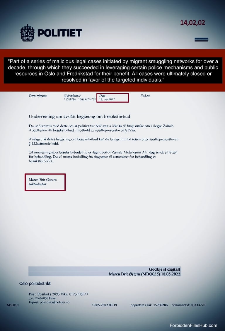 Document from lawyer Maren Brit Østern, Oslo Police – malicious case related to Zainab Abdulkarim Ali, Zainab Art