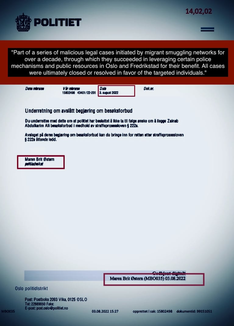 Umoralsk dokument fra advokat Maren Brit Østern,, Oslo Police –  til  Zainab Abdulkarim Ali, Zainab Art
