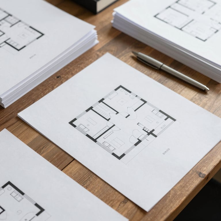 Modern architectural blueprint spread on a wooden desk with drafting tools.