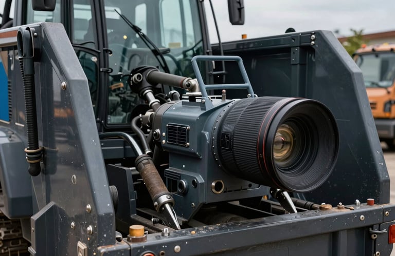 A close-up shot of professional heavy-duty equipment used for junk removal, featuring Dark Charcoal metal and Muted Blue accents, conveying industrial reliability.