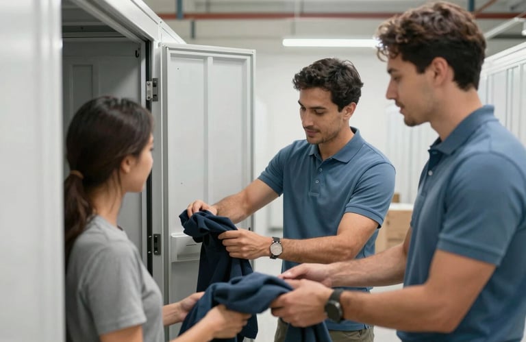 A team member in a professional Muted Blue polo shirt helping a client organize a storage unit clean-out in a well-lit, professional facility.