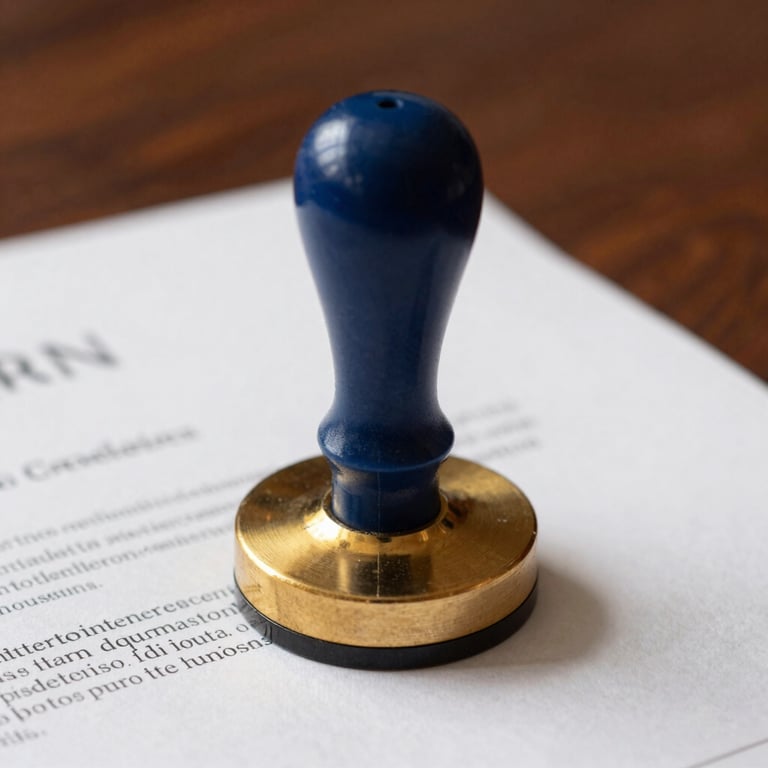 Close-up of an official notary seal on a legal contract, resting on a polished dark wood surface. Professional photography, navy blue and golden yellow highlights.