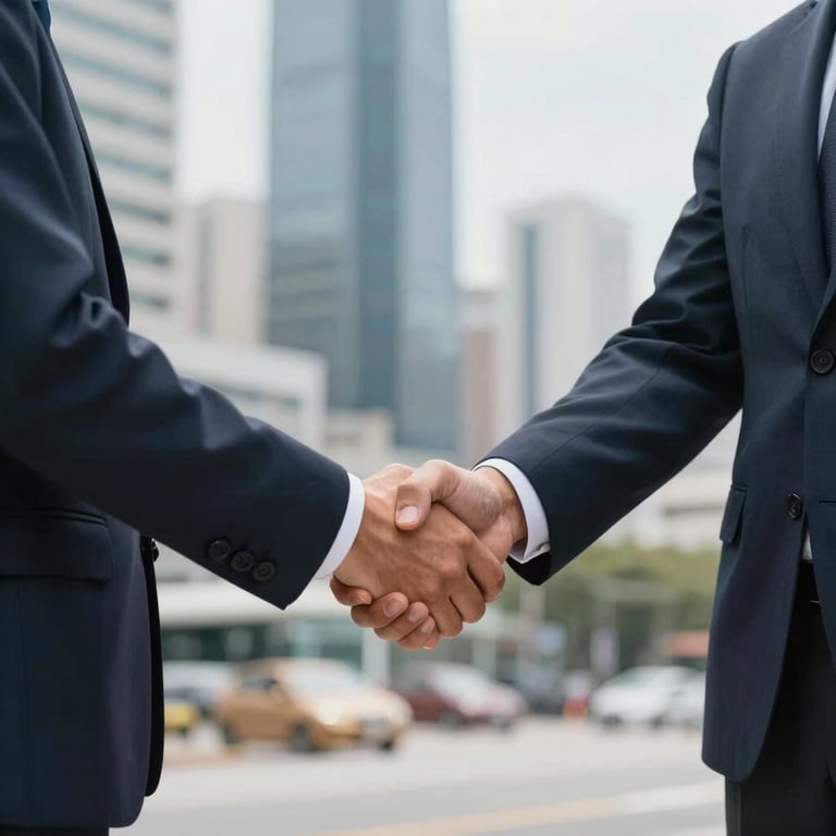 A firm and respectful handshake between two business people in professional suits, symbolizing a successful legal agreement. Blurred modern office in the background, South American city setting.