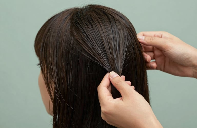 Close-up of a hair treatment being applied with care. The focus is on the smooth texture of the hair and the professional hands. Tranquil atmosphere with #607D7D background.