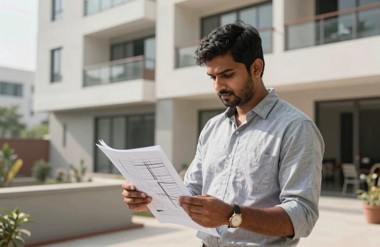 A dedicated site supervisor in a modern South Asian / Indian apartment, reviewing design prints and ensuring project quality during the execution phase.